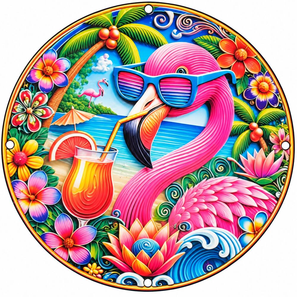 Pink Flamingo Tropical Round Metal Sign Beach Summer Wall Decor 8 Inch